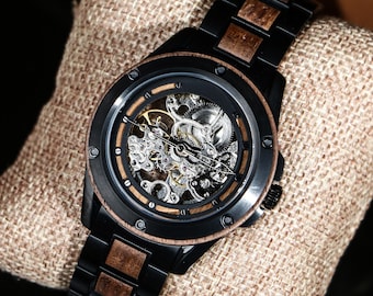 Personalized Watch,Wooden Watch,Skeleton Automatic Movement,Valentines Day Gift,Custom Gift for Husband,Anniversary gift for Boyfriend