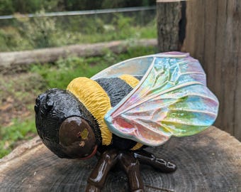 10" Mother of Pearl Rainbow Wings Ceramic Bee w/ 22 karat gold heart eyes
