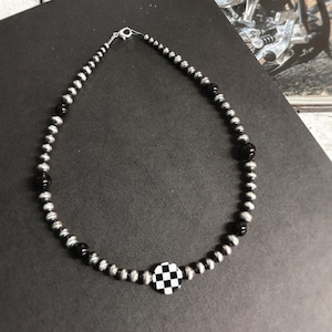 Sterling Silver, Black Onyx, and Checkered Shell Necklace - 16"