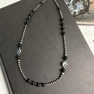 Sterling Silver, Checkered Shell, and Black Onyx Necklace - 24&quot;