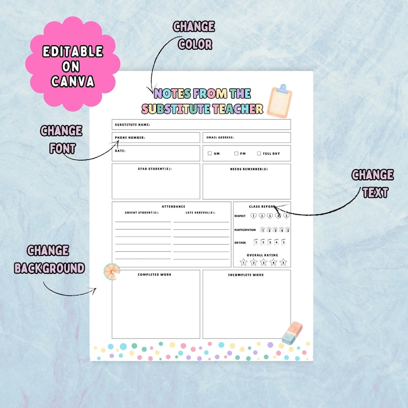 Substitute teacher communication sheet for daily lesson plans and student behavior