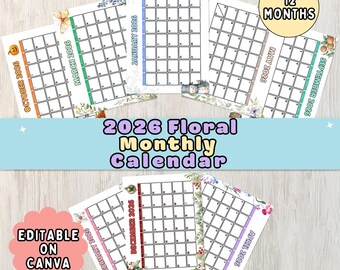 Puede incluir: Una colección de calendarios mensuales florales de 2026, cada uno con un mes diferente con elementos florales decorativos. Los calendarios son editables en Canva e incluyen meses como octubre, marzo, enero, mayo, septiembre, diciembre, febrero y abril.