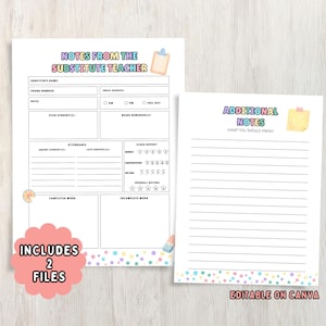 May include: Two printable teacher forms on white paper. One form is titled "Notes From The Substitute Teacher" and the other is titled "Additional Notes". The forms have a colorful polka dot border and text that reads "Includes 2 Files" and "Editable on Canva".