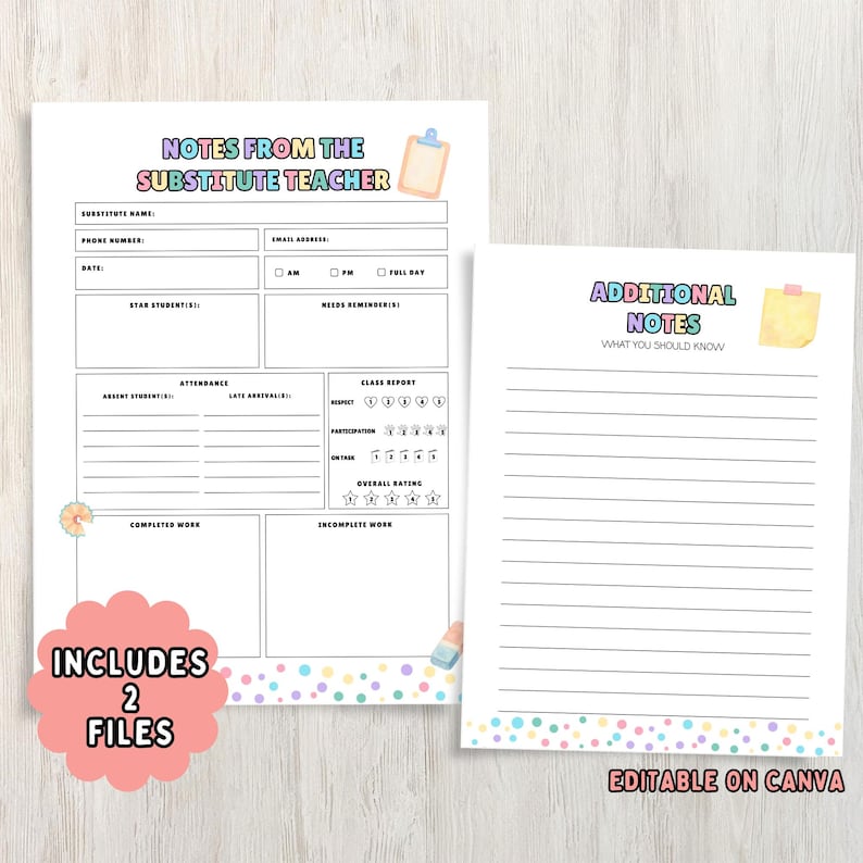 Printable substitute teacher notes and classroom feedback template for teachers