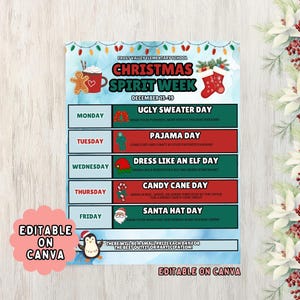 May include: A Christmas Spirit Week flyer from Frost Valley Elementary School, featuring a schedule for December 15-19. The flyer includes themed days like Ugly Sweater Day, Pajama Day, and Santa Hat Day, with illustrations and text.
