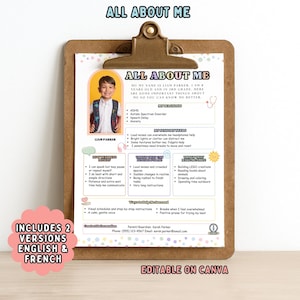 May include: A personalised "All About Me" printable on a wooden clipboard. The document includes a photo, personal details, sensory needs, and ways to help. The text is in English and French, and the design is editable on Canva.