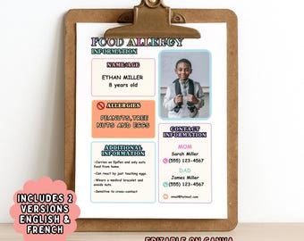 Food Allergy Information Sheet, Editable Template for School & Daycare, Allergy Alert Printable Download