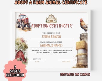 Adopt a Farm Animal Certificate, Printable Adoption Card for Kids, Instant Download Farm Party Favor, Barnyard Animal Fun