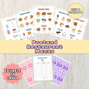 May include: A collection of colorful pretend restaurant menus, including lunch, dinner, and dessert options. The menus feature illustrations of various food items. Also included are order forms, play money, and the text "Pretend Restaurant Menus". The words "Digital Download" and "Editable on Canva" are also visible.
