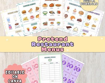 Pretend Play restaurant Menu Kids Restaurant Menu Set  Play Kitchen Menus Fake Kids Menu  Dramatic Play Restaurant  Instant Download