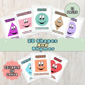 May include: Educational flashcards displaying various 2D shapes, each with a smiling face and a rhyme. Shapes include a triangle, rectangle, circle, and square. The words "2D Shapes And Rhymes" are written on a green banner across the cards.