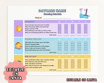 Puede incluir: Una plantilla de horario de limpieza para guardería con un esquema de color púrpura, azul y amarillo. El horario incluye secciones para las tareas de la mañana, durante el día y al final del día. Las palabras "Editable on Canva" también son visibles.