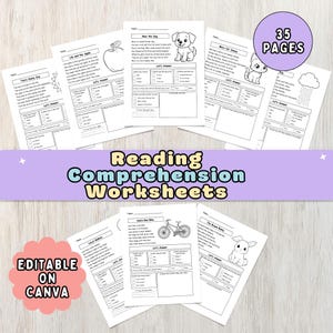 Puede incluir: Hojas de trabajo de comprensión lectora con ilustraciones de un perro, un gato, un conejo, una manzana y una bicicleta. Las hojas de trabajo están etiquetadas como "Reading Comprehension Worksheets" y "Editable on Canva". La imagen también muestra "35 páginas".