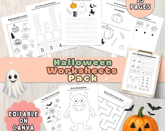 Halloween-activiteitenwerkbladenpakket Educatief Halloween-kleuterschool Kleuterschool afdrukbare homeschool-werkbladen Direct downloaden activiteiten