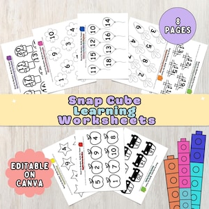 Peut inclure: Ensemble de huit feuilles de travail d'apprentissage Snap Cube. Les feuilles de travail présentent des illustrations en noir et blanc de chiffres et de formes, conçues pour des activités éducatives. Le texte "Editable on Canva" est visible.