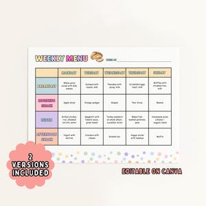 Daycare Weekly Menu, Editable Meal Planner, Printable Preschool Menu, Home School Template, Childcare Planner pastel