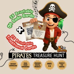 May include: A digital pirate treasure hunt game with 25 QR code cards and 25 traditional cards. The image shows a cartoon pirate holding cards, a green parrot, and the text "PIRATES TREASURE HUNT". The game is for ages 4-6.
