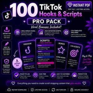 Puede incluir: Un producto digital titulado 100 TikTok Hooks & Scripts Pro Pack con texto y gráficos de neón morado sobre un fondo oscuro. Incluye secciones para ganchos virales, guiones de alta retención y plantillas de llamada a la acción en formato PDF.