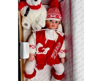 Muñeca de porcelana navideña Coca-Cola Danbury Mint con peluche de oso polar Caitlain