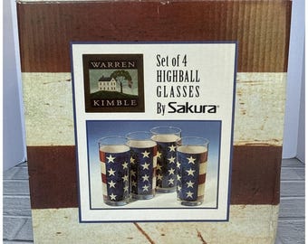 Warren Kimball 4 Copos Highball Colonial SAKURA Bandeira Patriótica Americana