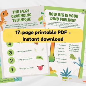 May include: A collection of printable PDF pages with dinosaur-themed illustrations and text. The pages include titles like "The Happy Dino Toolkit" and "How Big is Your Dino Feeling?" A yellow star indicates that the set includes 3 posters. The text "17-page printable PDF - Instant download" is also visible.