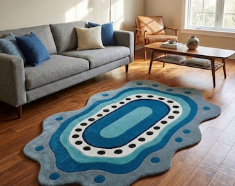 Handtufted Abstract Blue Rug, Modern Organic Shape Wool Area Rug, Contemporary Scandinavian Floor Carpet.