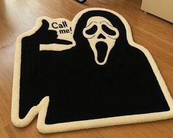 Handtufted Ghost Face Shaped Rug | Black & White Area Rug | Halloween Horror Home Decor