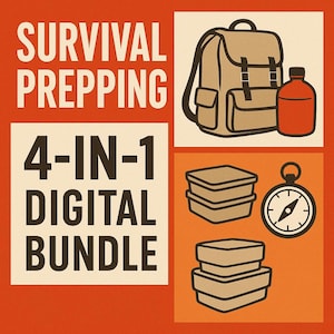 Puede incluir: Ilustración con las palabras "SURVIVAL PREPPING" y "4-IN-1 DIGITAL BUNDLE". La imagen incluye una mochila, una botella, dos recipientes apilados y una brújula. El fondo es naranja y crema.