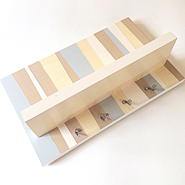 Geometric Wall Shelf with Key Hooks, Hand Painted Linear Design