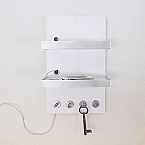 iPhone Charging Station, Modern Wooden Wall Mount Unit with Hooks and Metal Details, Decor for Home, Office or Dorm, gift for him, hand made