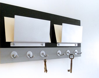 Industrial Mail Holder, Couples Wall Mount Mail Organizer, Modern Metal Mail Slots, Two Tone Color Detailed with Hooks for Home or Office.