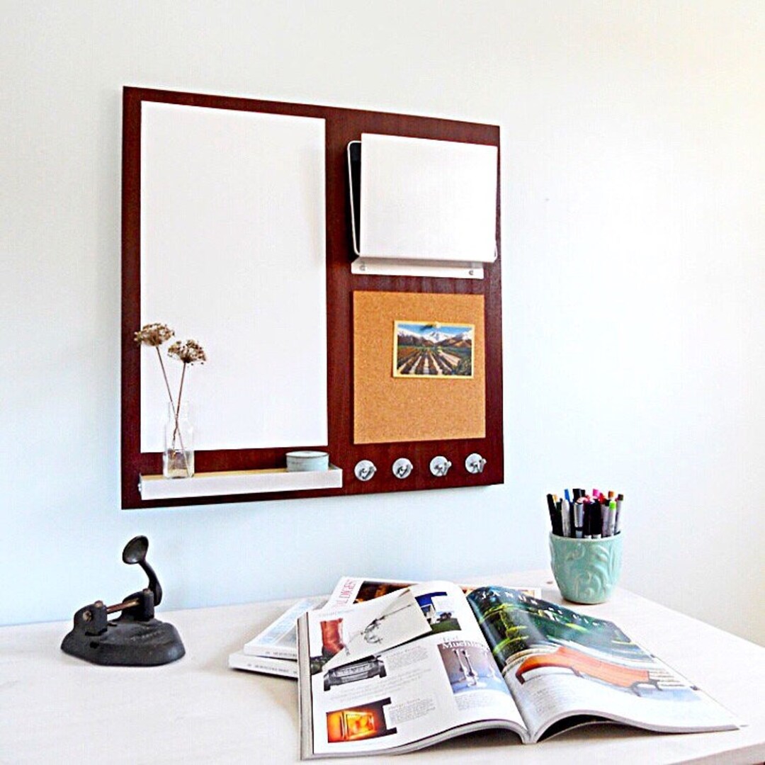Command Center With Cork Board, White Board, Key Hooks, Shelf & Mail or iPad Holder