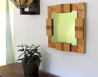 MIRROR ASIAN DECOR: Wall Mount Art Mirror, Detailed with Japanese Paper Symbolizing Good Fortune and Longevity.