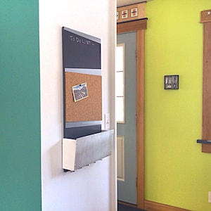 Modern Message Organizer with Magnetic White Board, Cork Board, Storage Bin and Key Hooks, Home and Office Wall Decor, Function Art