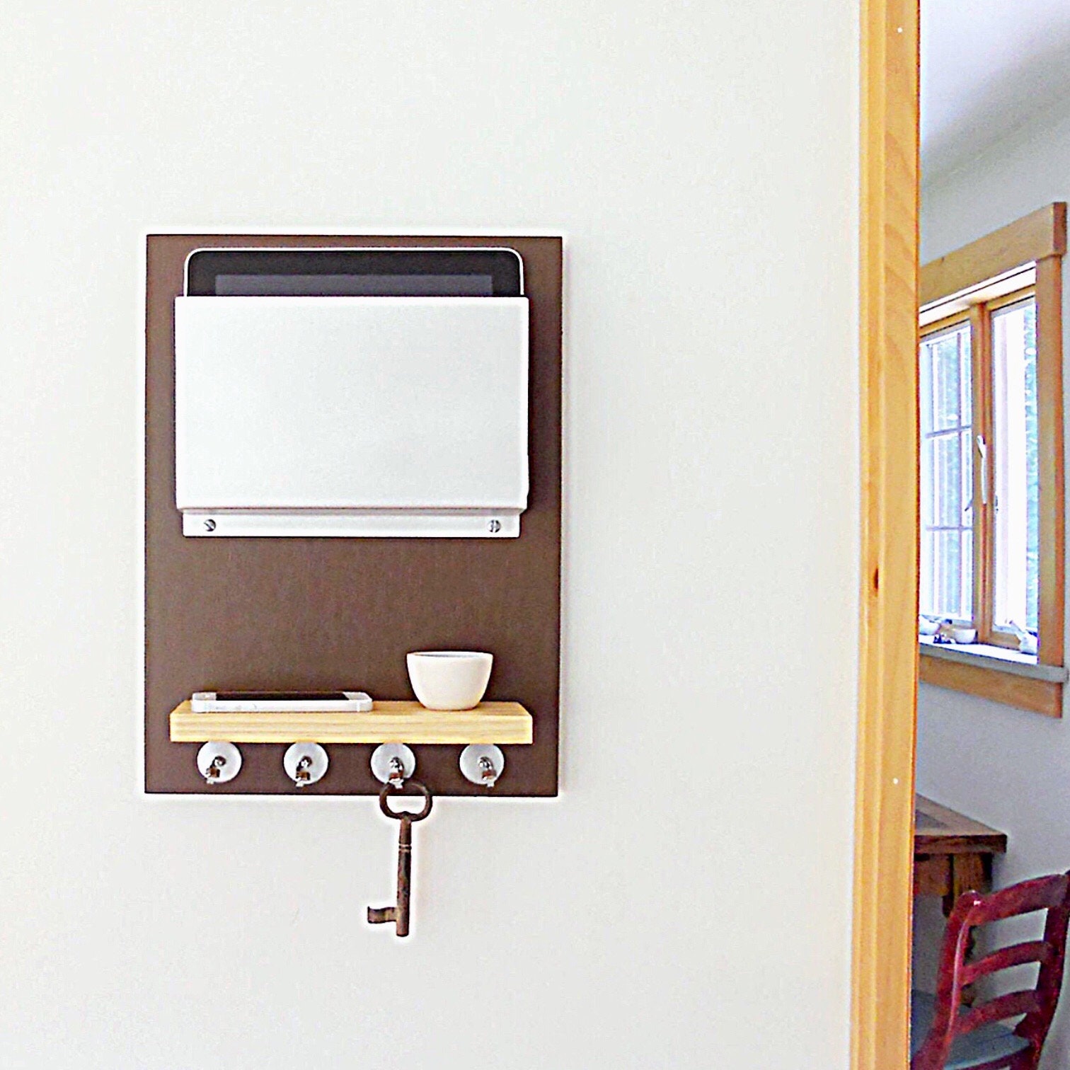 IPad Holder, Modern Wall Decor, Contemporary Organizer,  Mail Holder with Key Hooks and Shelf, Interior Home Decor, Minimalist Design