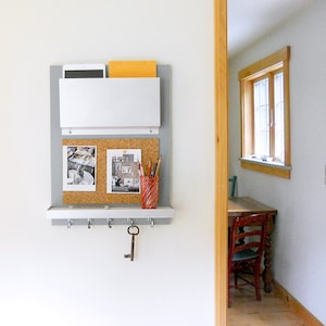 Message Center Organizer,  Cork Board, Shelf and Key Hooks, Mail Magazine & iPad Storage, Entry Organization, Modern Home Decor