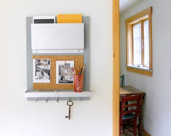 Message Center Organizer,  Cork Board, Shelf and Key Hooks, Mail Magazine & iPad Storage, Entry Organization, Modern Home Decor