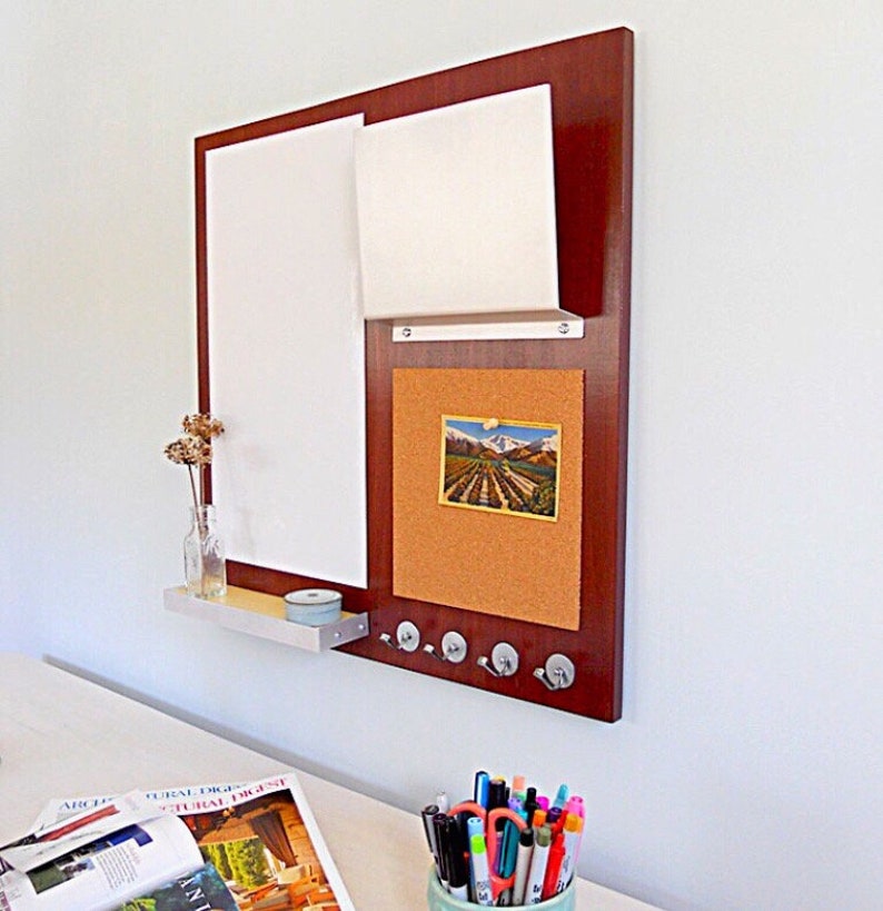 Command Center with Cork Board, Magnetic White Board, Key Hooks, Shelf & Mail or iPad Holder, Home and Office Organizer, Interior Decor image 5