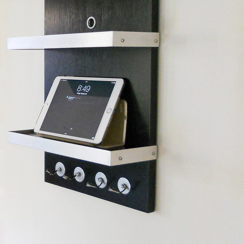 Charging Station Dock For Him Black Modern Wall Mount Ipad Docking Unit With Key Hooks And 2 Shelves Wood Metal Details Man Cave