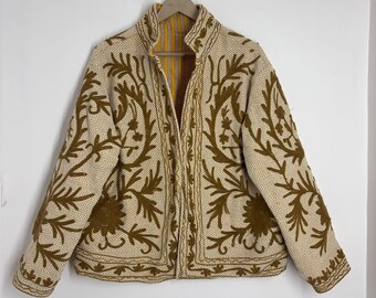 Vintage Hand Embroidered Jacket – Beige Floral Boho Coat – Ethnic Handmade Winter Jacket
