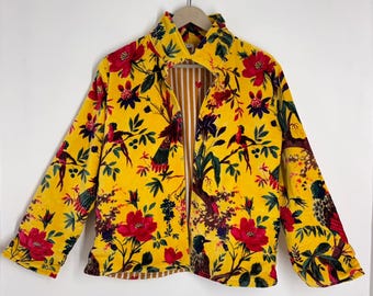 Yellow Velvet Floral Jacket – Handmade Boho Bird Print Coat