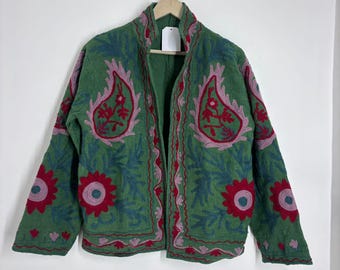 Boho Suzani Embroidered Cotton Jacket – Green Floral Bohemian Coat