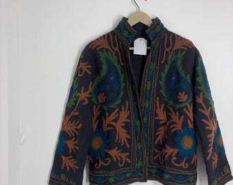 Bohemian Embroidered Cotton Jacket – Vintage Floral Artwear, Handcrafted Coat