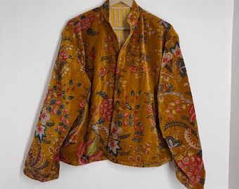 Vintage Floral Velvet Jacket – Mustard Boho Print Coat