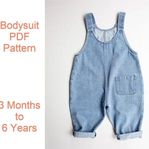 May include: Light blue denim overalls with rolled cuffs and a front pocket. The overalls have adjustable straps and a zipper closure. Text on the left says "Bodysuit PDF Pattern" and "3 Months to 6 Years".