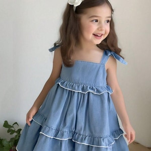 Peut inclure: Robe bleue clair à volants avec bordure blanche et nœuds. La robe présente une encolure carrée et des bretelles nouées. Un bandeau blanc avec un nœud complète la tenue. La robe est conçue pour les enfants.
