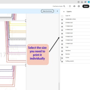 May include: A screenshot of a digital design program with layers for different sizes. The text "Select the size you need to print it individually" is visible. The layers are labeled for different age groups.