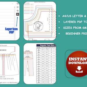 May include: A digital sewing pattern with multiple views, including a bodice and skirt, with sizes from 6 months to 10 years. The pattern is beginner-friendly and available for instant download. Includes A4/US letter and A0 size.
