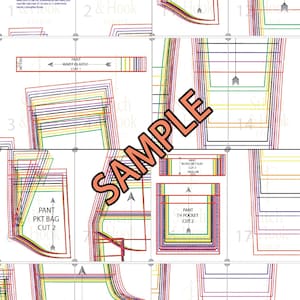 May include: A detailed sewing pattern for pants, featuring various pattern pieces with colored lines indicating sizes. The word "SAMPLE" is prominently displayed. Includes text such as "PANT TOP PKT BAG CUT 2" and "PANT BACK CUT 2".