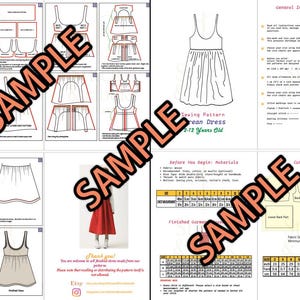 May include: A collection of sewing pattern pages, including diagrams and instructions for a dress. The pages feature illustrations of dress components, cutting layouts, and size charts. The text includes "Sewing Pattern", "Dress", and "2-12 Years Old".